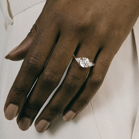 Modern round cut cluster engagement ring with trillion side stones champagne diamond ruby sapphire 14k 18k gold platinum SHW NYC