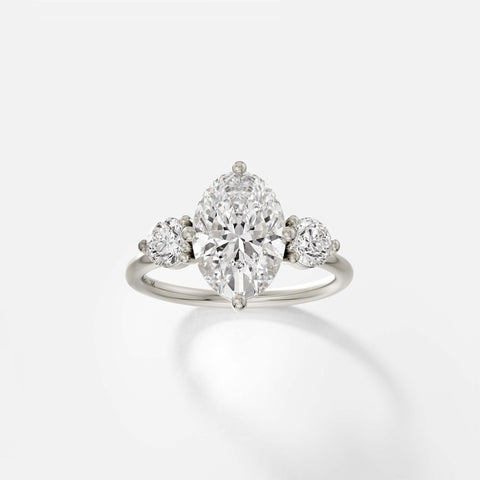 Kele oval diamond three stone engagement ring front view in 14k white gold
