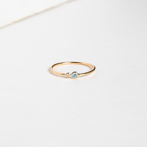 Dainty gold ring with round aquamarine and white diamond stackable 14k 18k yellow white rose gold SHW handmade fine jewelry NYC