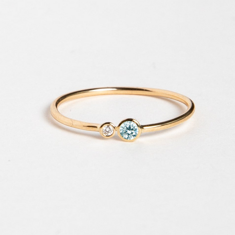 Thin band aquamarine and diamond ring minimal style 14k 18k gold dainty stackable design SHW NYC fine jewelry handcrafted