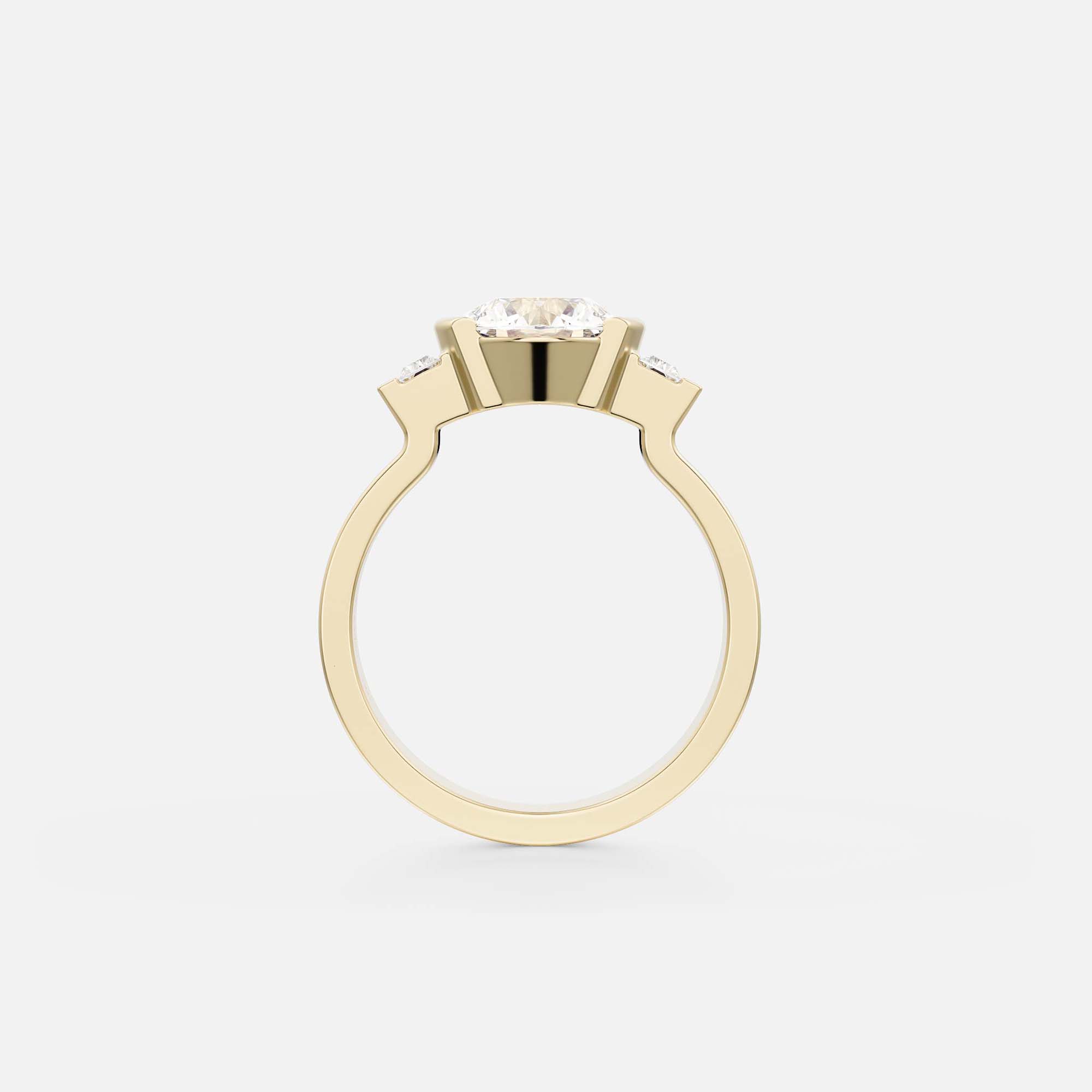 side view of round diamond three stone engagement ring with baguette side stones in partial bezel on flat profile band