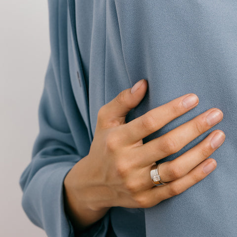 Minimal Thin Bezel Engagement Ring with 1ct natural canadamark emerald-cut diamond in platinum by SHW famous fine jewelry stores in NYC