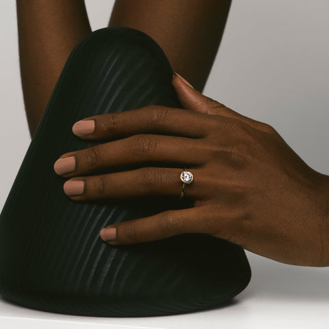 Minimal Thin Bezel Engagement Ring with 1ct lab-grown round diamond G VS1 in 14k yellow gold by SHW famous fine jewelry stores in NYC
