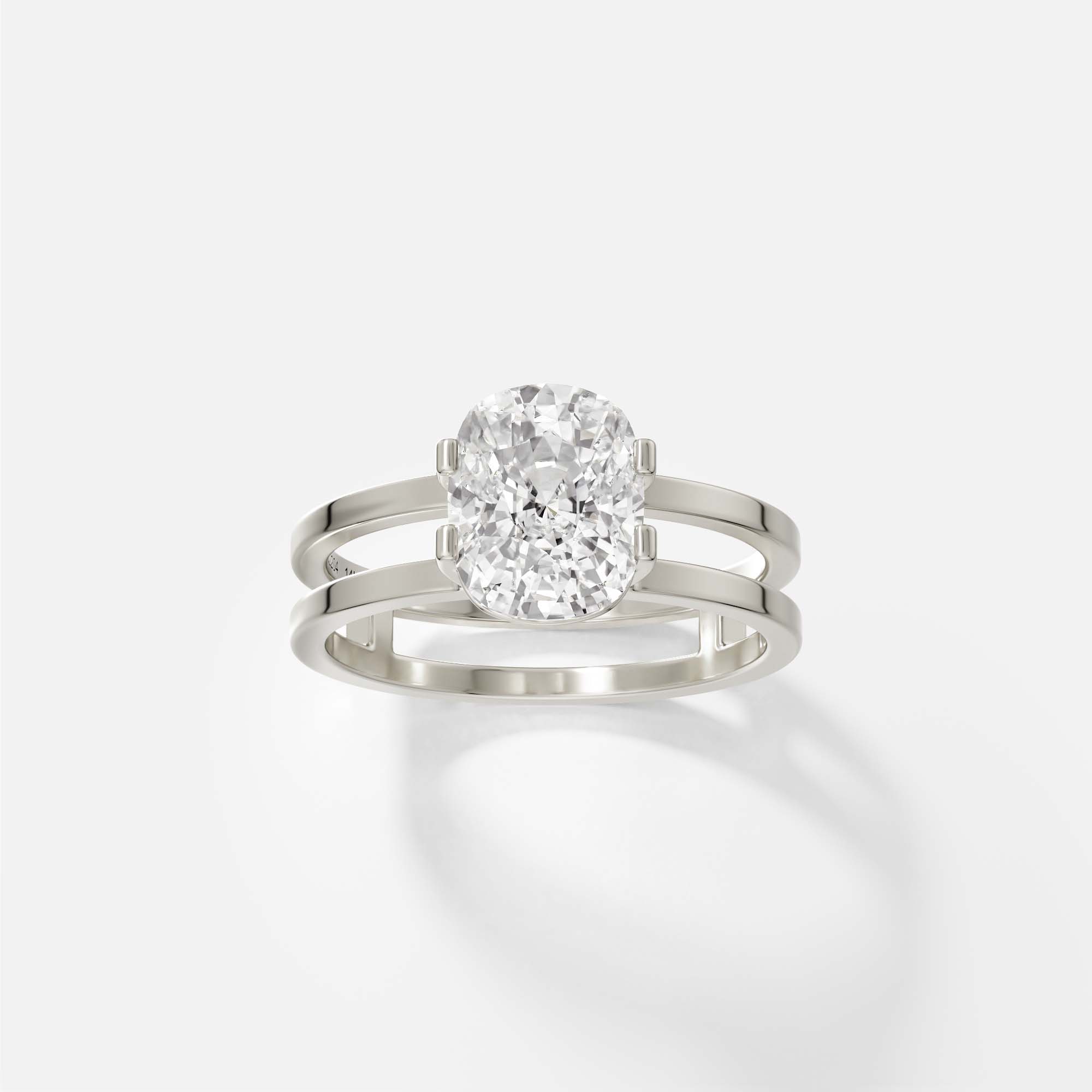14k white gold open double band engagement ring with 1.50 carat cushion diamond