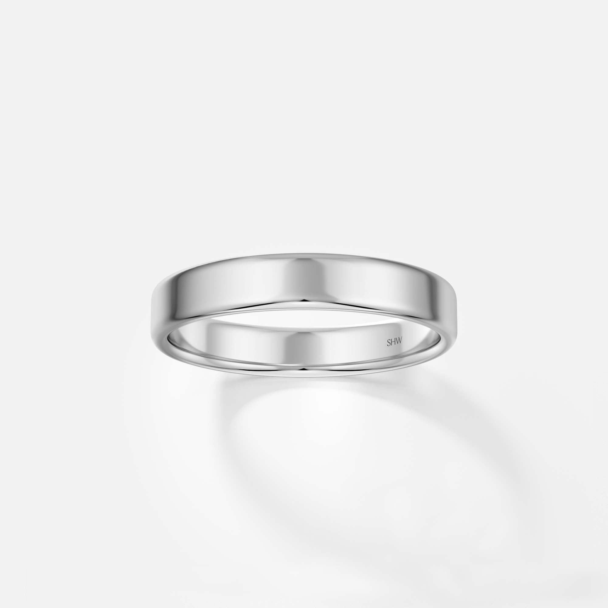 Comfortable 4mm wide wedding ring with flat band in 14k, 18k yellow, white, rose gold or platinum by SHW fine jewelry store in NYC near me