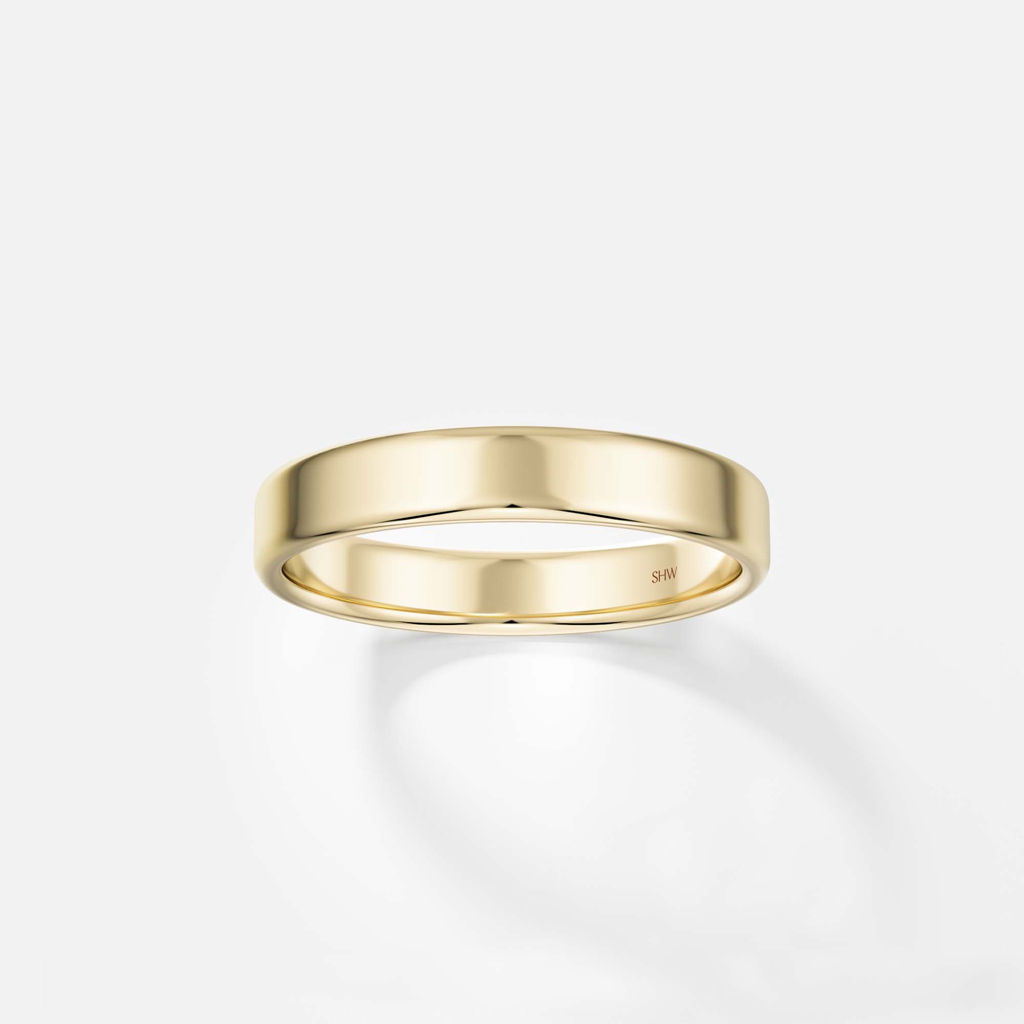 Modern 4mm wide mens wedding band with softened edges and flat profile in 14k, 18k gold or platinum by SHW designer jewelry store in NYC