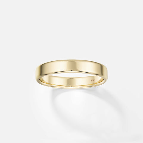 Modern 4mm wide mens wedding band with softened edges and flat profile in 14k, 18k gold or platinum by SHW designer jewelry store in NYC