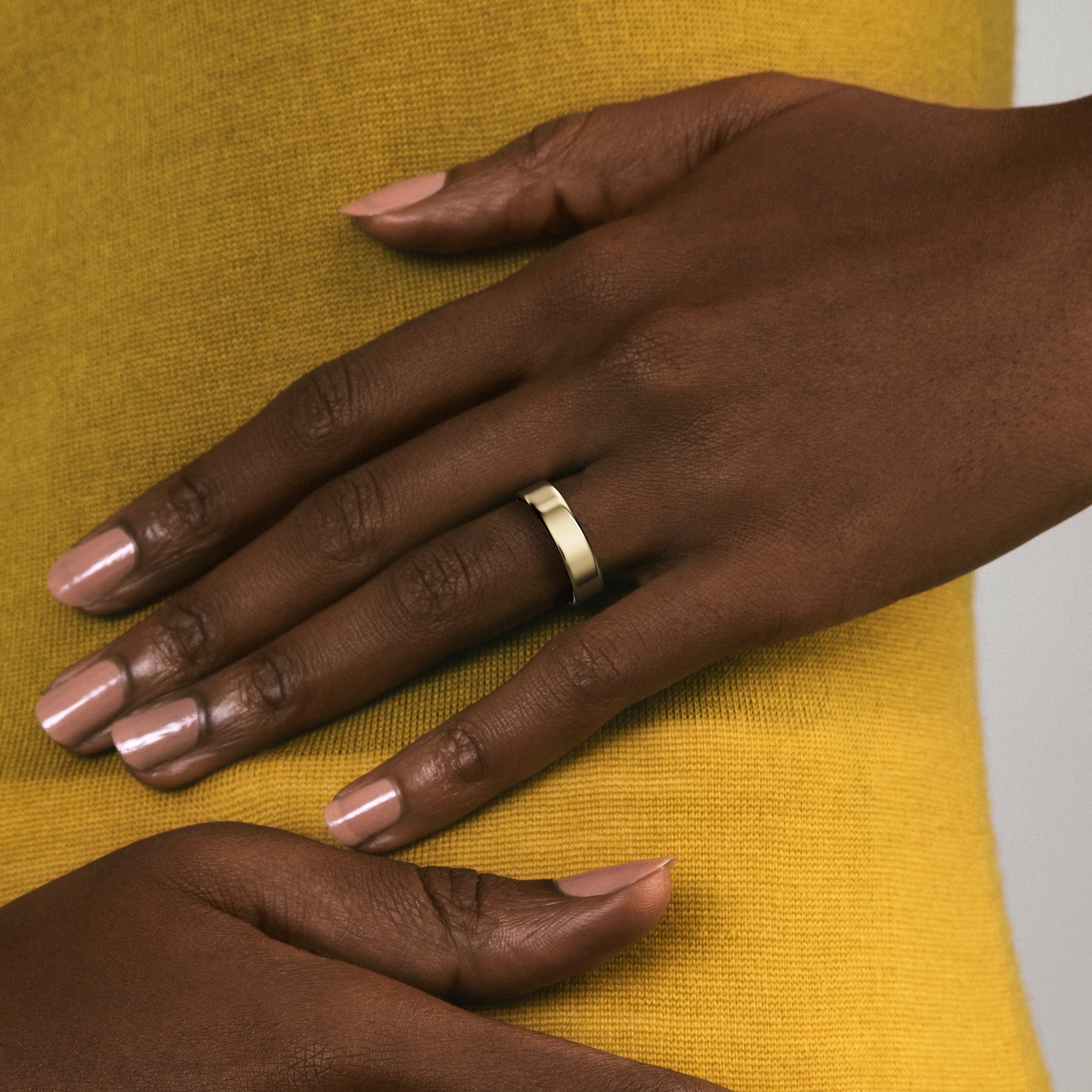 Designer 6mm wide unisex wedding band with slightly rounded edge and flat profile 14k, 18k gold or platinum and engravings by SHW jewelry NYC