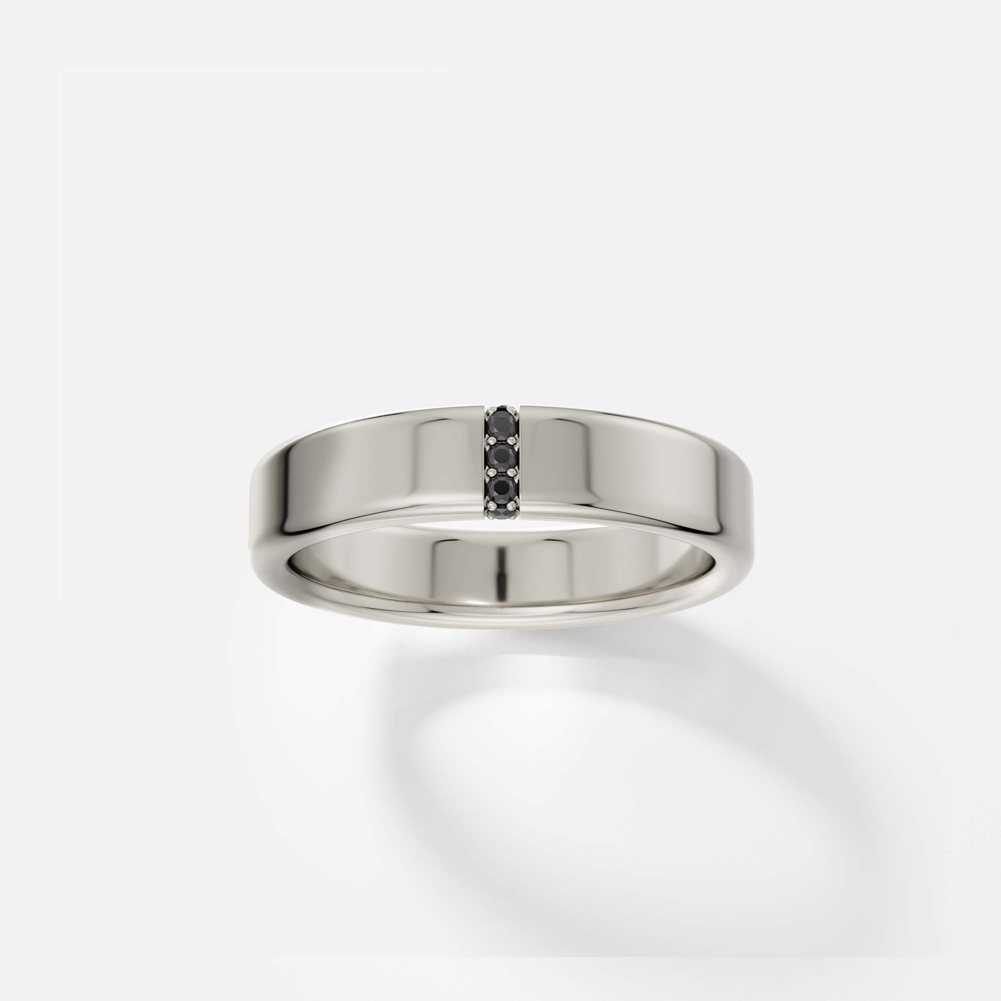 14k white gold 5mm band featuring five black diamonds