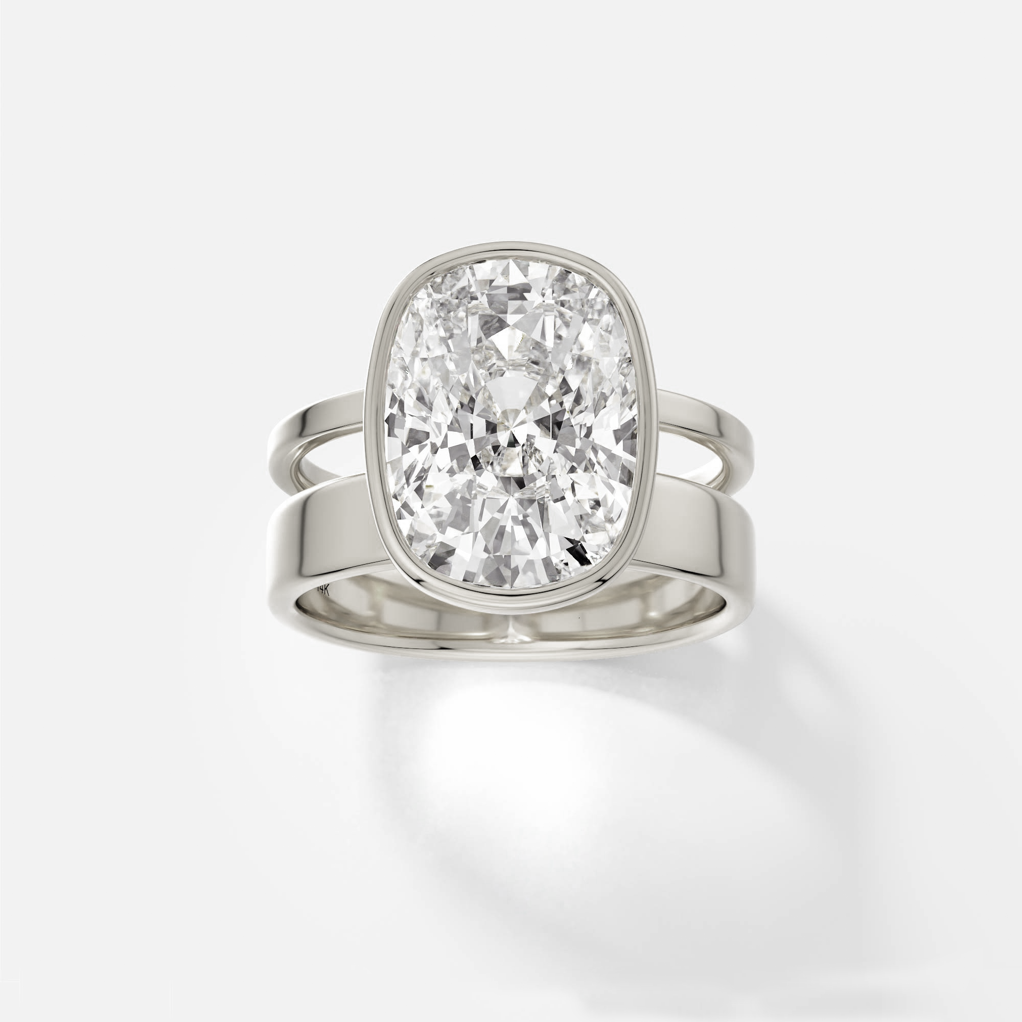 Unique Architectural Double Band Prong Set Engagement Ring with Cushion One Two Three Carat Lab-Grown Natural Diamond 14k 18k Gold Platinum SHW Fine Jewelry Downtown