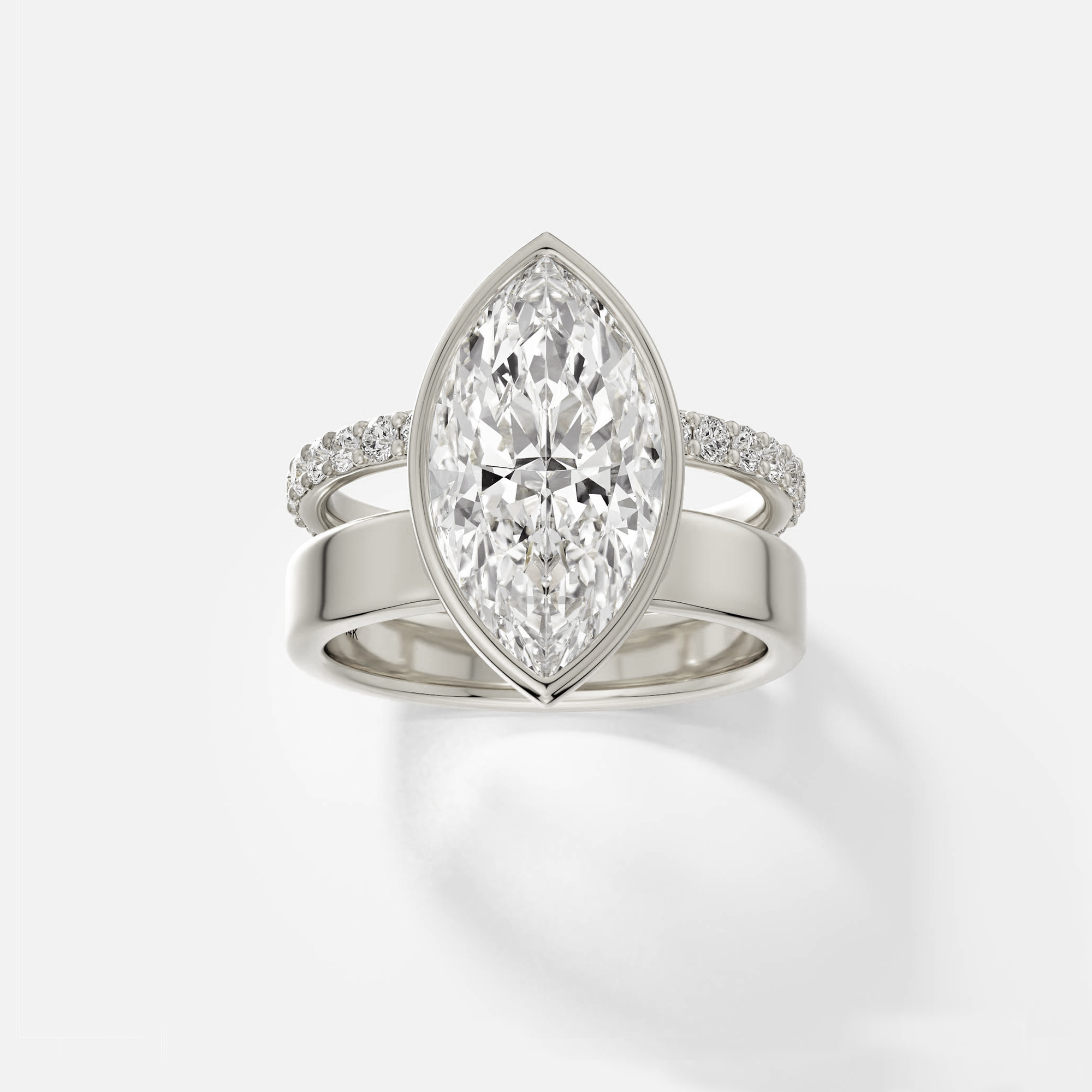 Sleek stylish double band diamond engagement ring with vertical marquise solitaire 14k 18k gold platinum SHW Jewelry NYC