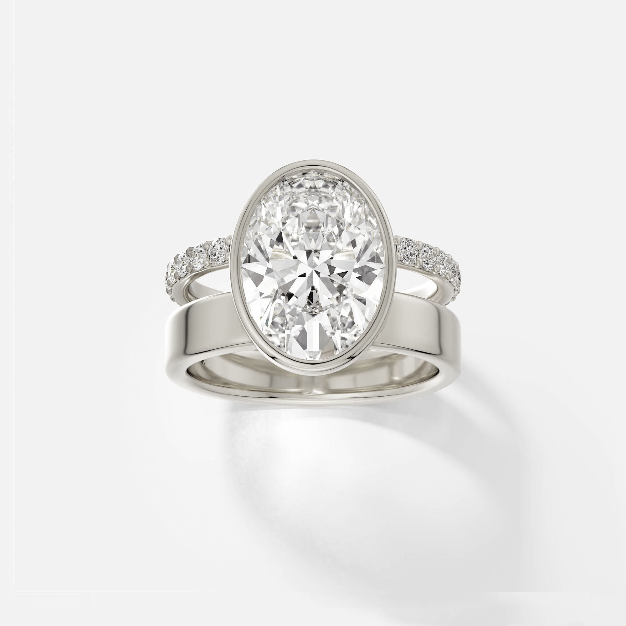 Sleek stylish double band diamond engagement ring vertical oval solitaire 14k 18k gold platinum SHW Jewelry NYC