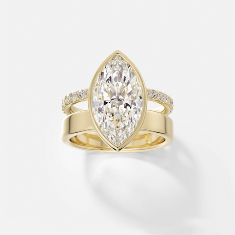 Unique north south marquise diamond engagement ring with modern double band design 14k 18k gold platinum SHW Fine Jewelry NYC
