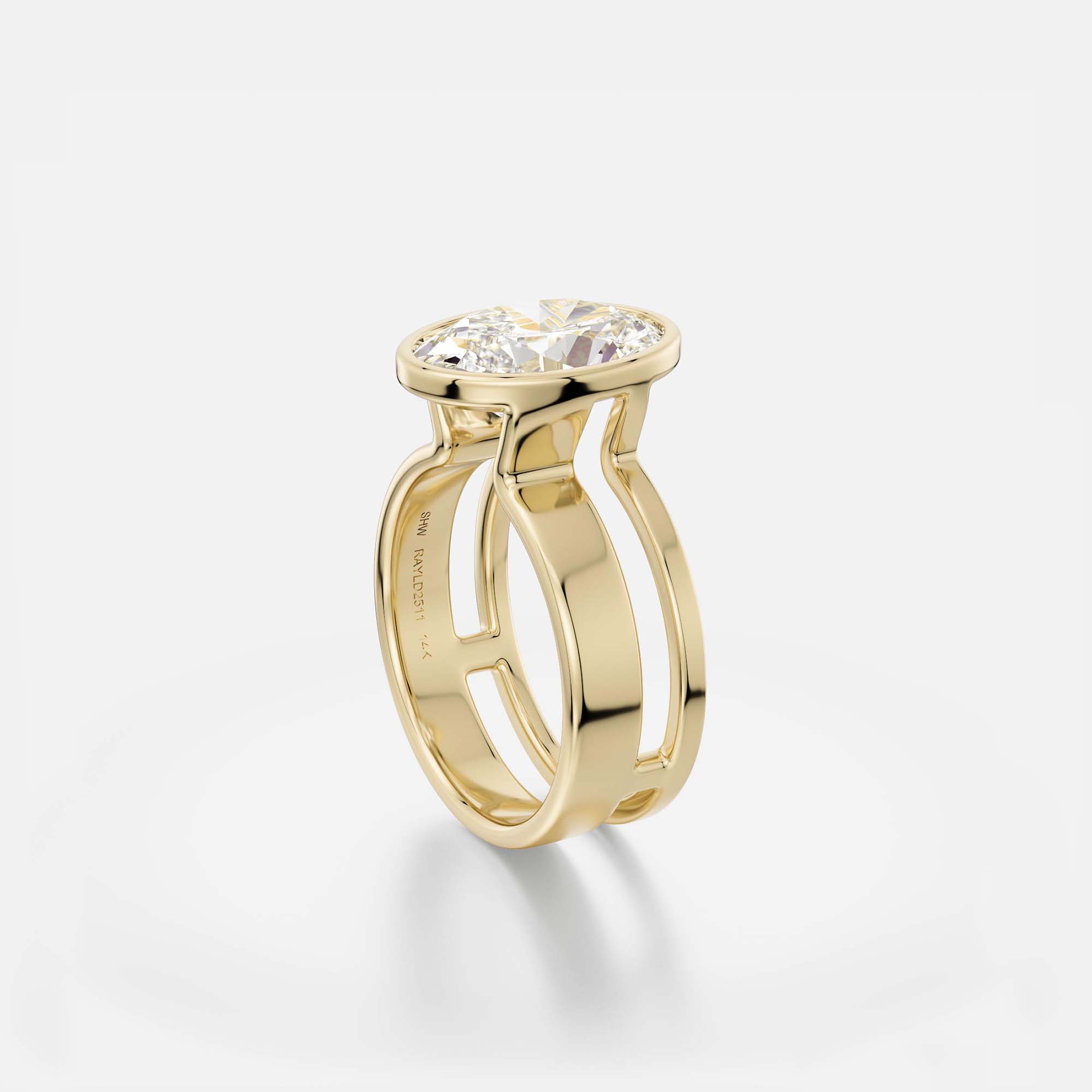 4 ct oval diamond engagement ring with bezel setting on modern connected double band