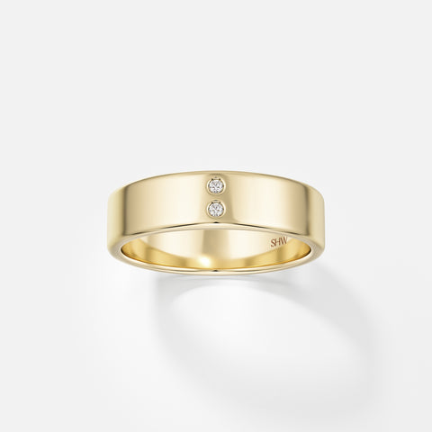 5mm Unique Wider Wedding Band with two tiny round mined white diamonds in solid 14k, 18k gold by SHW famous fine jewelry store in NYC