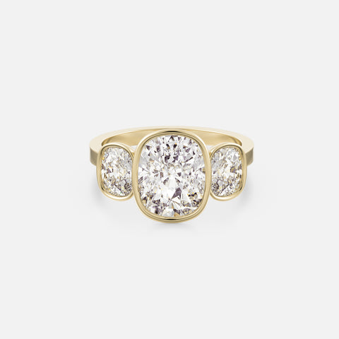 Tyra with Three Elongated Cushion Stone Solitaire Bezel Cluster Diamond Gemstones with Flat Profile Band Minimalist Engagement Ring Setting handcrafted by SHW Fine Jewelry New York City