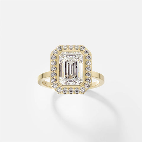 Attractive Halo Engagement Ring with Emerald-cut Lab grown Natural Diamond in 14k 18k yellow white rose gold platinum SHW Fine Jewelry NYC