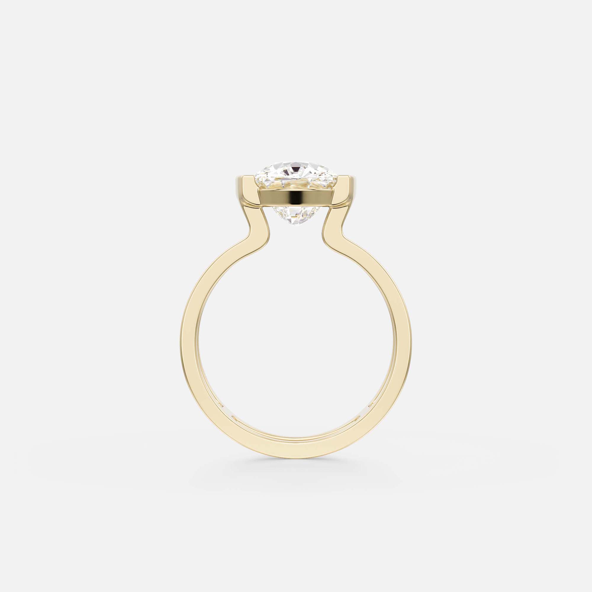 side profile of elongated cushion diamond engagement ring with double band and exposed bezel sides