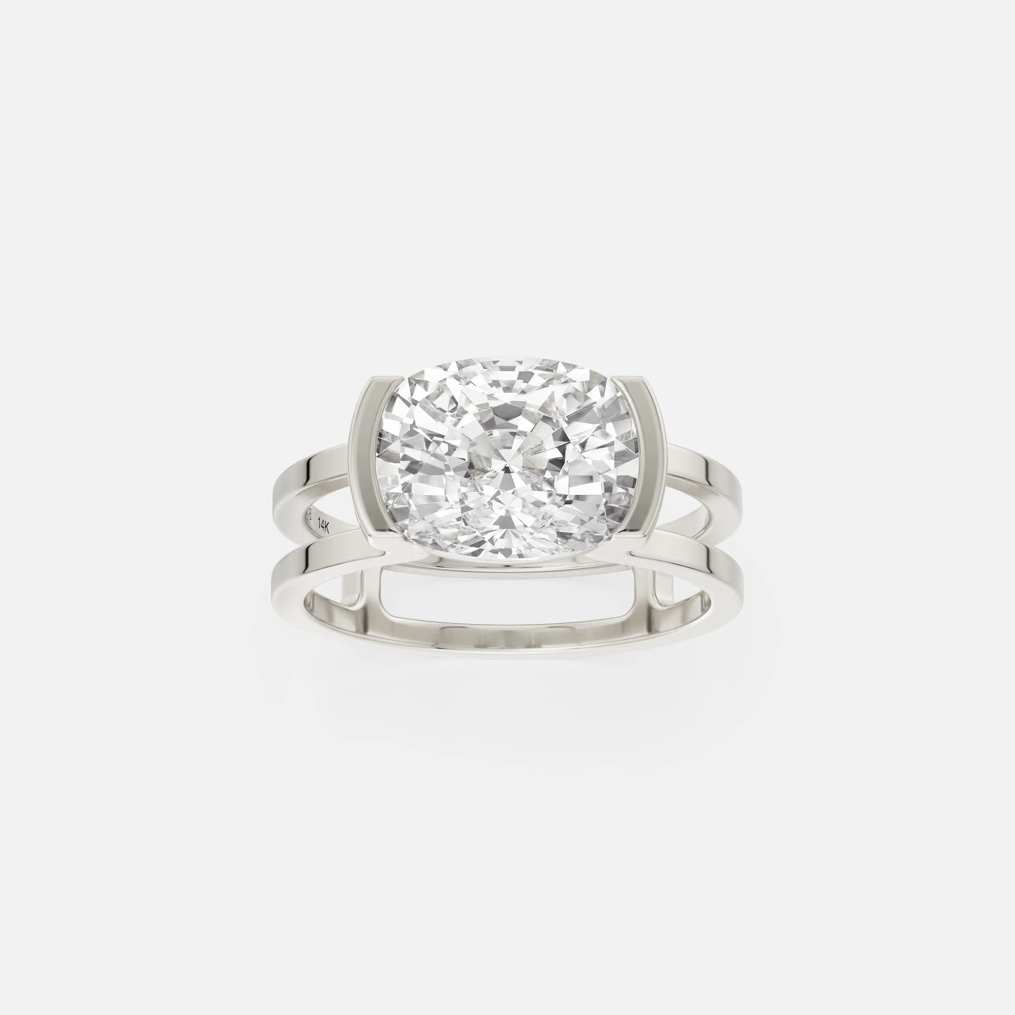 14k white gold east-west cushion cut diamond engagement ring with sculptural partial bezel setting