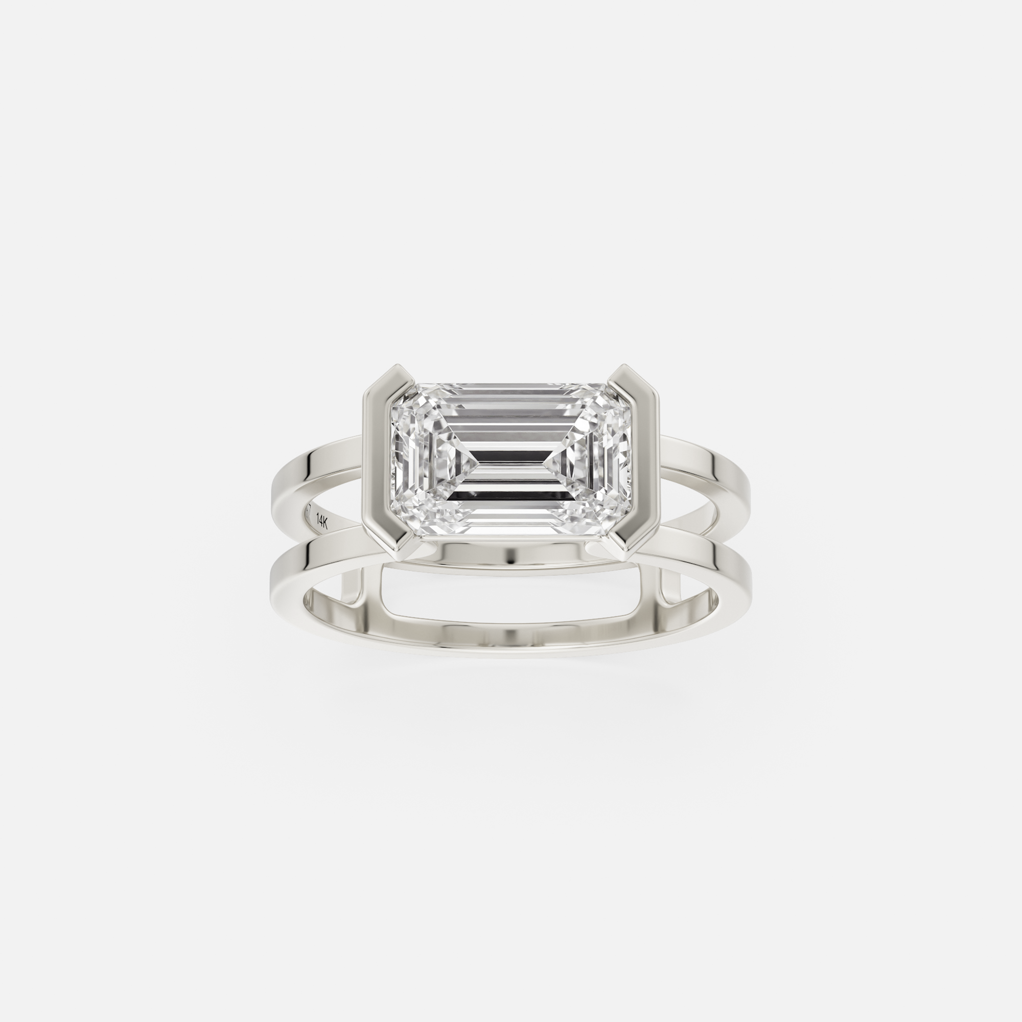 14k white gold 1.75 ct east-west emerald diamond engagement ring with sculptural double band