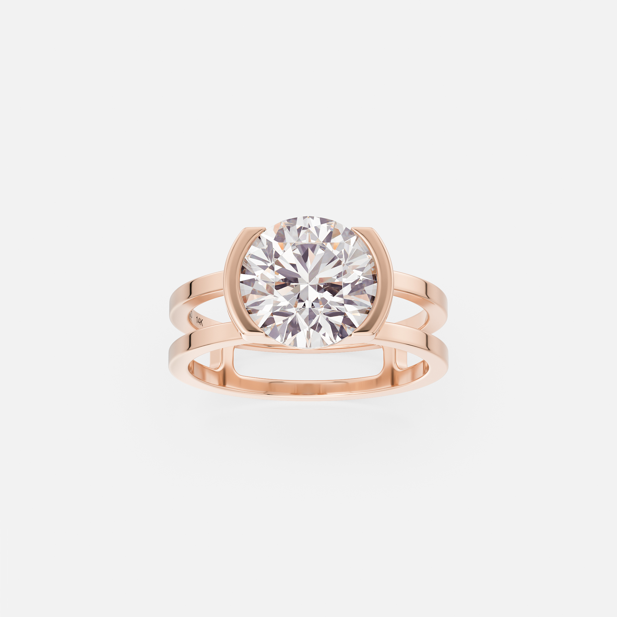14k rose gold round brilliant 2.50 carat diamond engagement ring with modern double band and open bezel