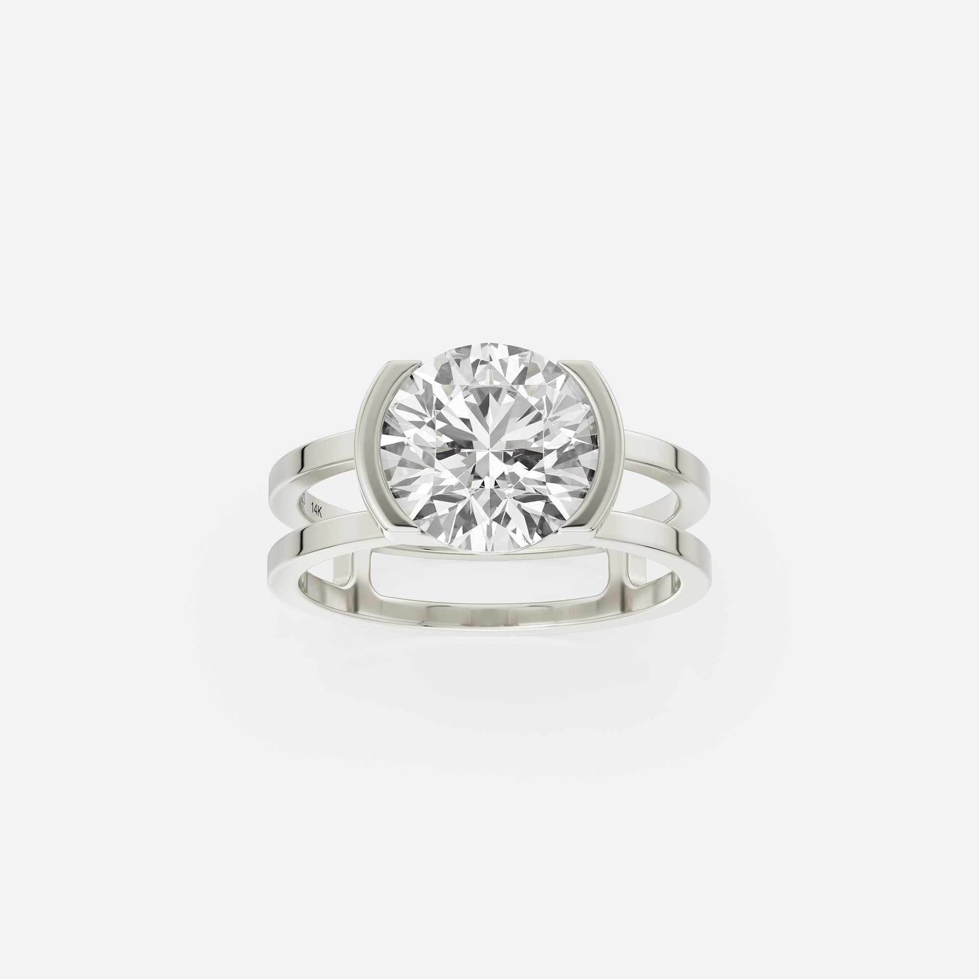 14k white gold 2.50 ct round diamond engagement ring with sculptural double band and tapering bezel