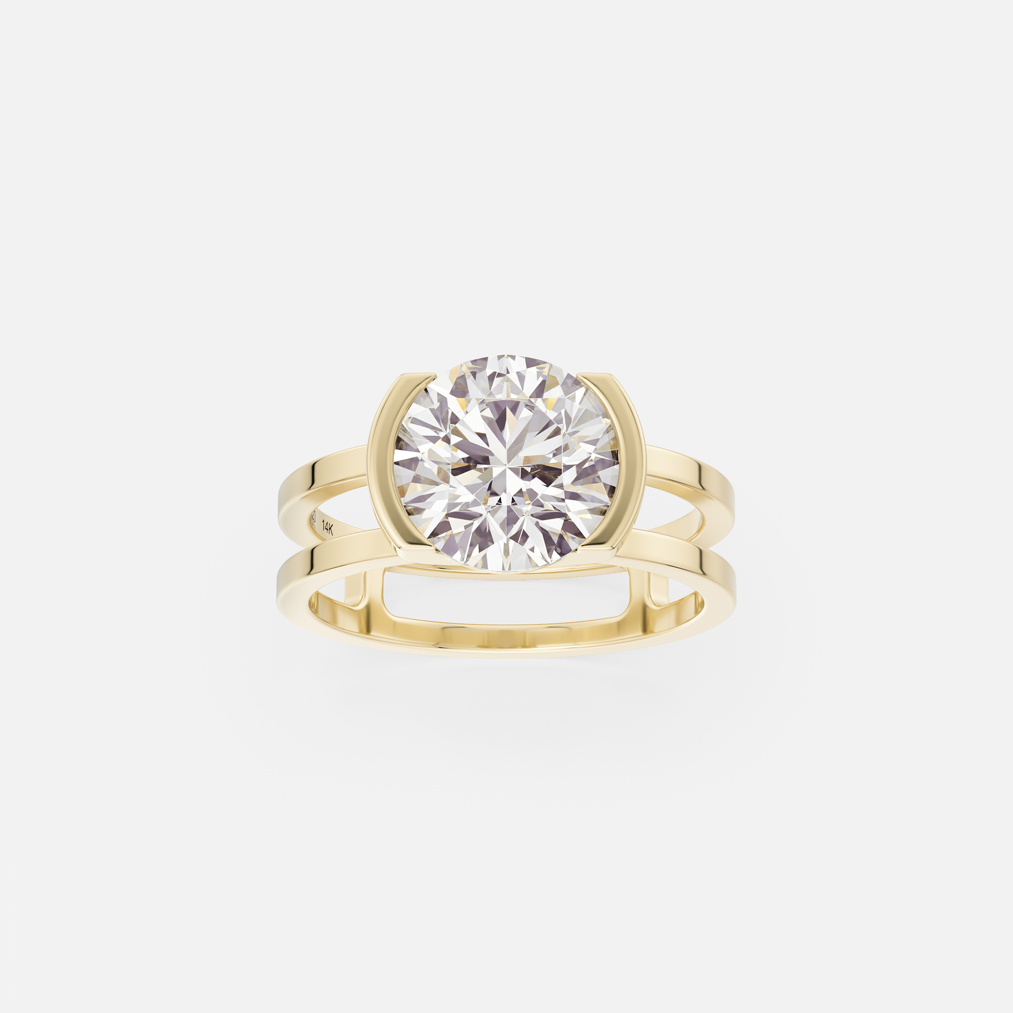 14k yellow gold 2.50 carat round brilliant diamond engagement ring with double band and tapering partial bezel open side setting