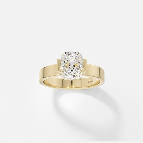 Modern Half Bezel Engagement Ring with Cushion-cut Lab grown Natural Diamond 14k 18k yellow white rose gold platinum SHW Fine Jewelry NYC
