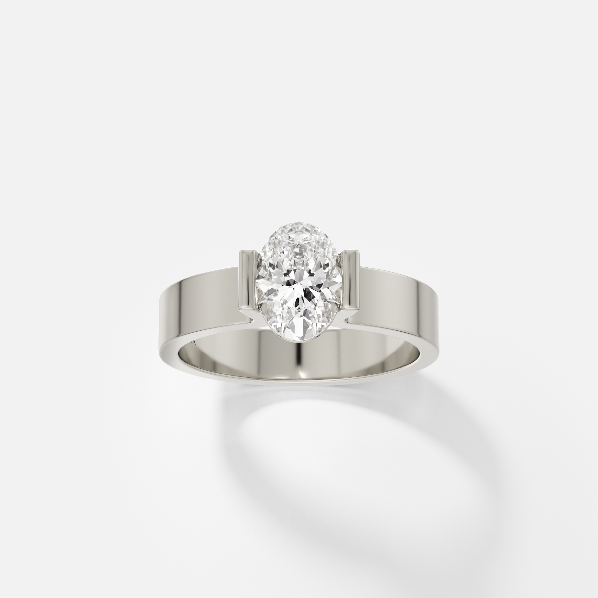 14k white gold wide flat band engagement ring with oval diamond in partial bezel