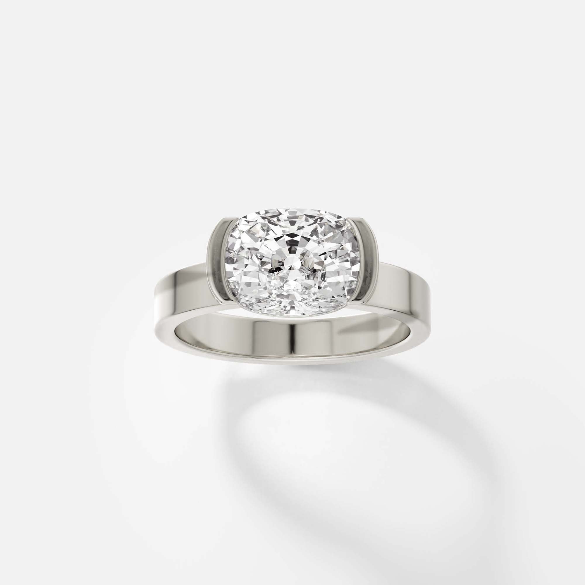 Unusual Half Bezel Prong Engagement Ring with Cushion One Two Three Carat Laboratory Natural Diamond 14k 18k Gold Platinum SHW Famous Fine Jewelry