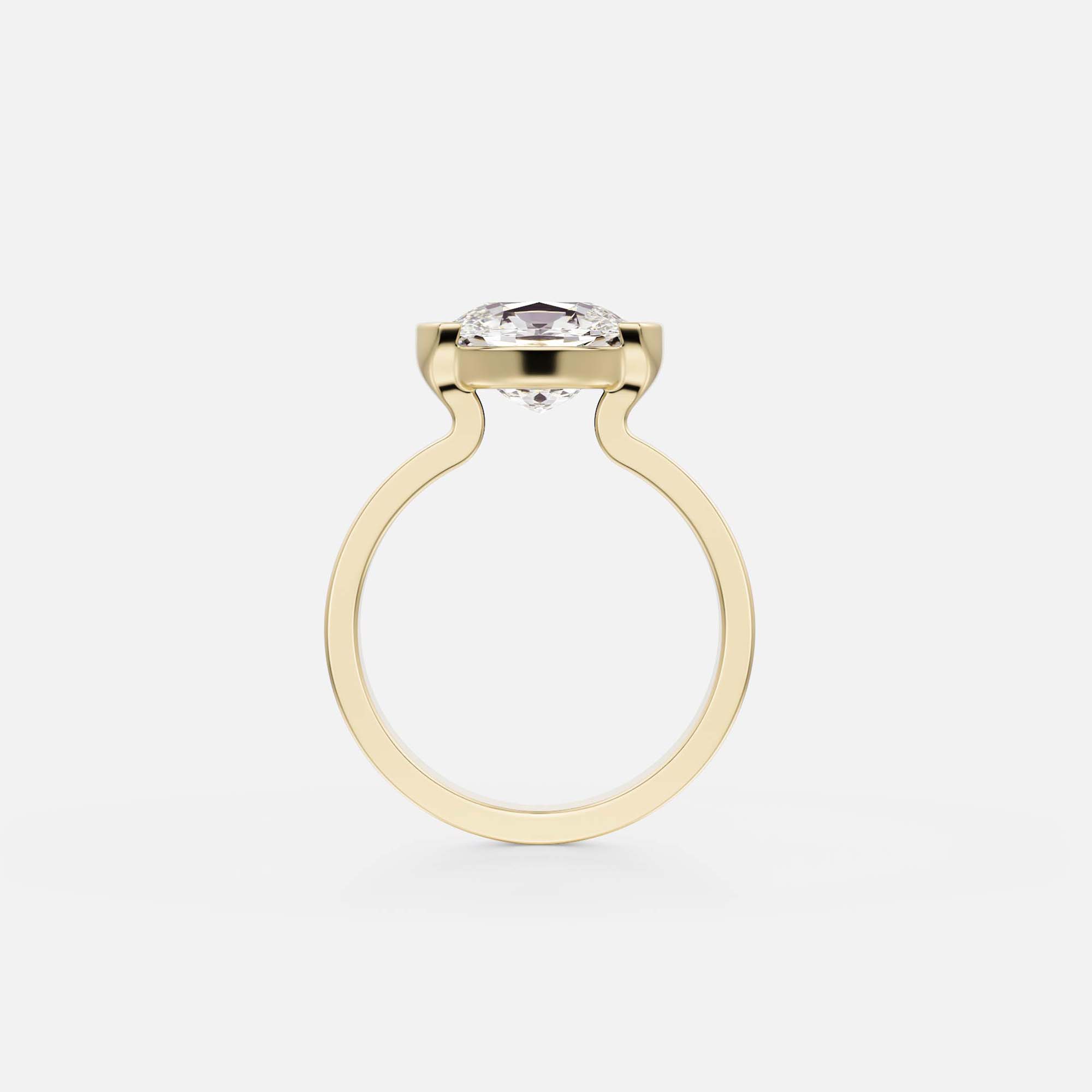 side view of 2.00 carat cushion diamond engagement ring set east-west in tapered partial bezel on wide band