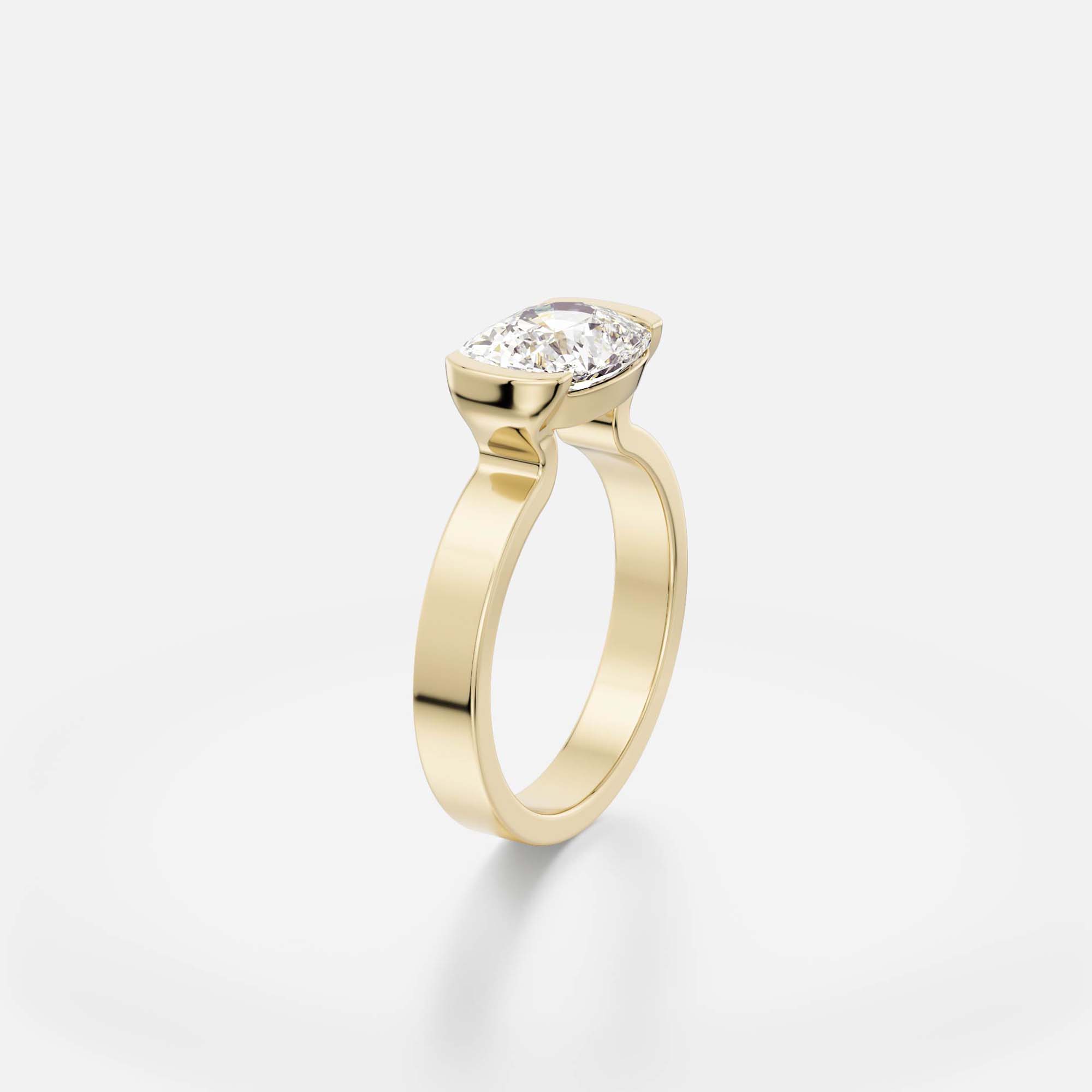 2 ct cushion-cut diamond engagement ring set east west in tapering partial bezel on sculptural flat band