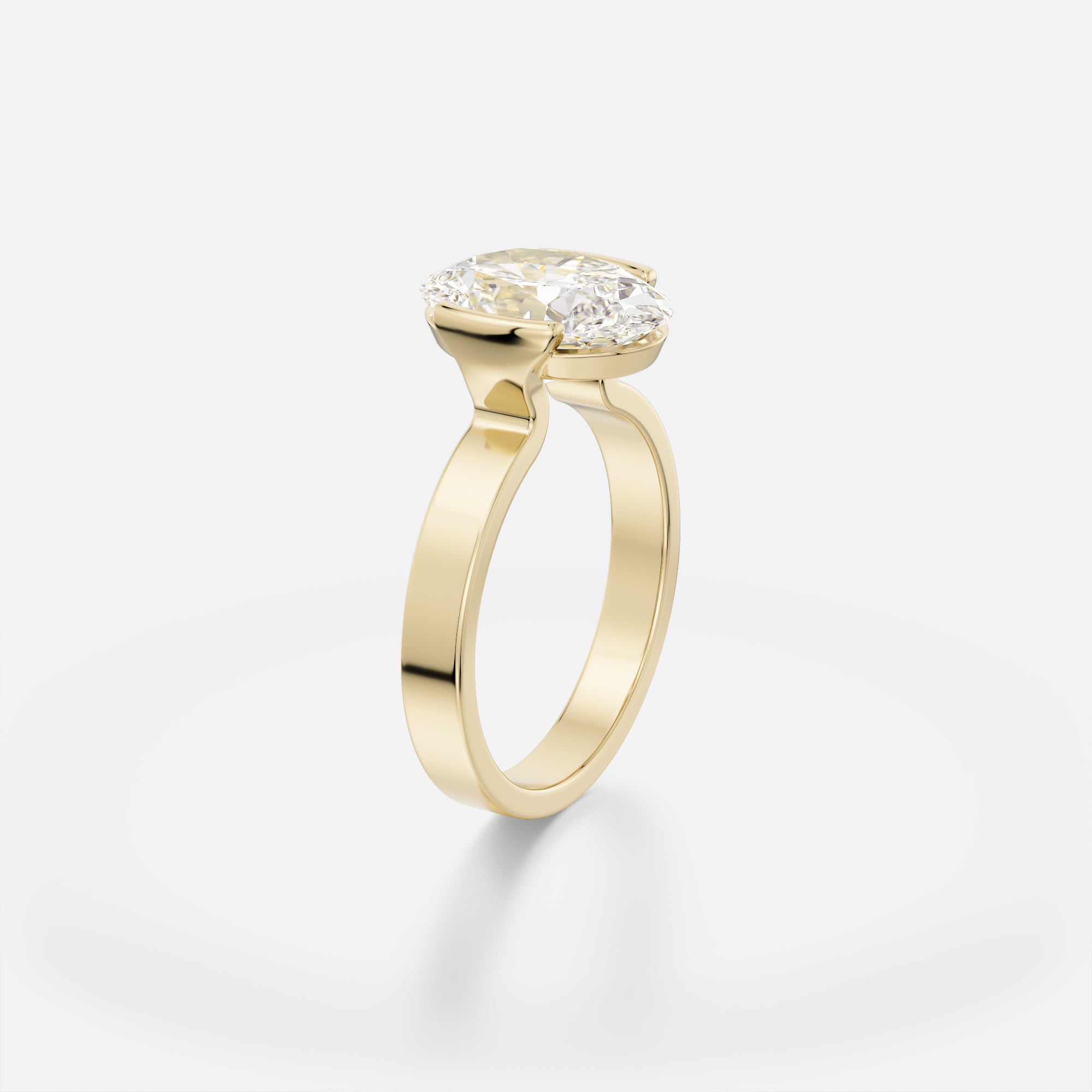 3.00 carat oval diamond engagement ring with tapering partial bezel setting on sculptural flat band