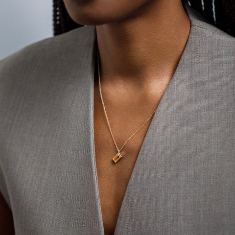 Modern necklace with dainty chain and orange citrine pendant in 14k or 18k gold by SHW famous fine jewelry store in NYC East Village