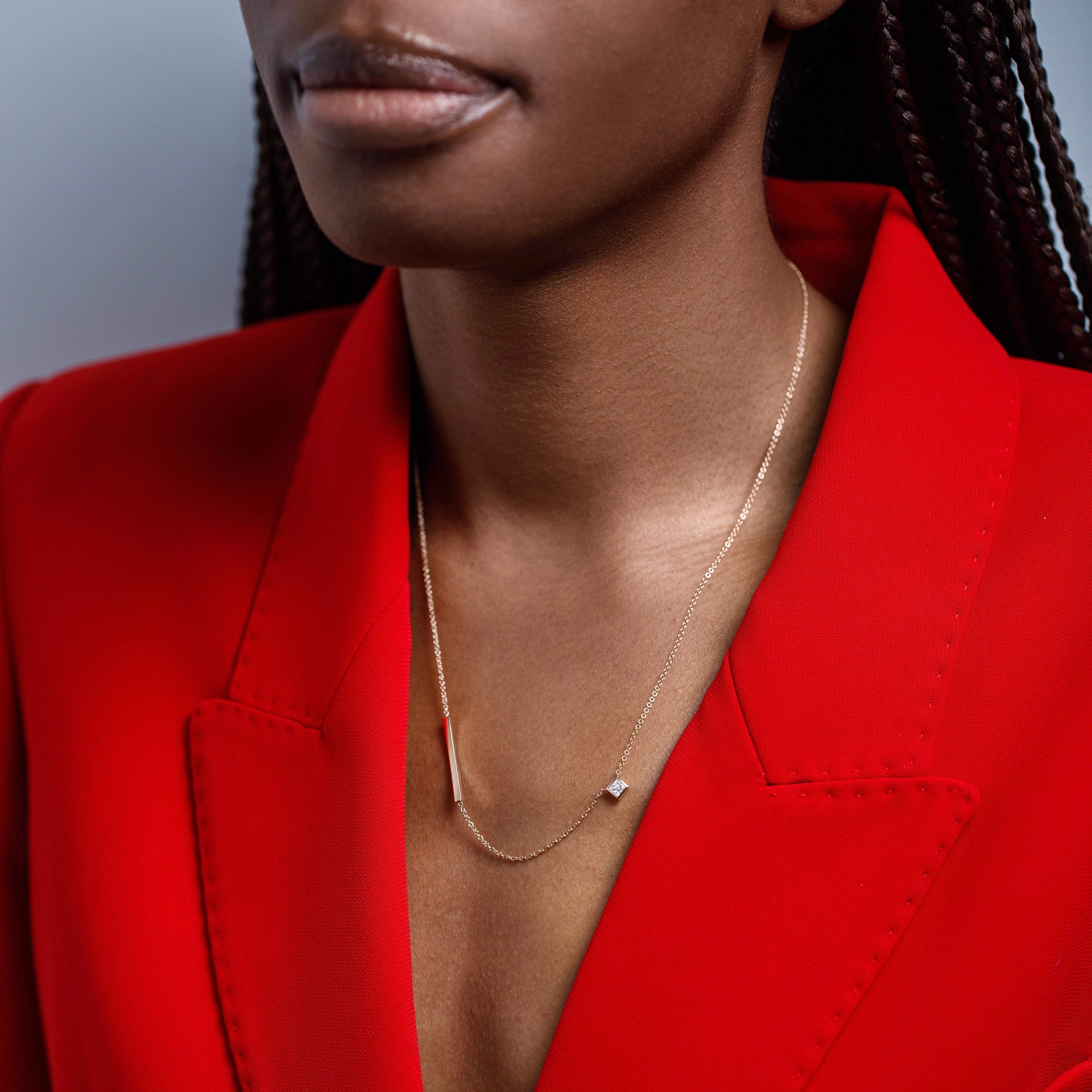 Cool delicate 18 inch chain necklace with princess cut lab white diamond in 14 karat gold by SHW best fine jewelry store in downtown NYC 