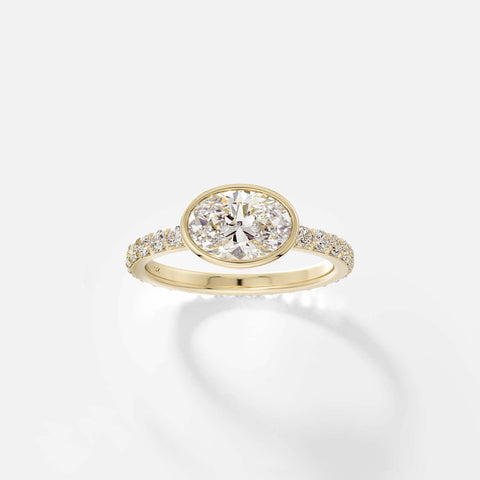 Diamond Band Bezel Engagement Ring with Oval Lab grown Natural Diamond 14k 18k yellow white rose gold or platinum SHW Fine Jewelry NYC