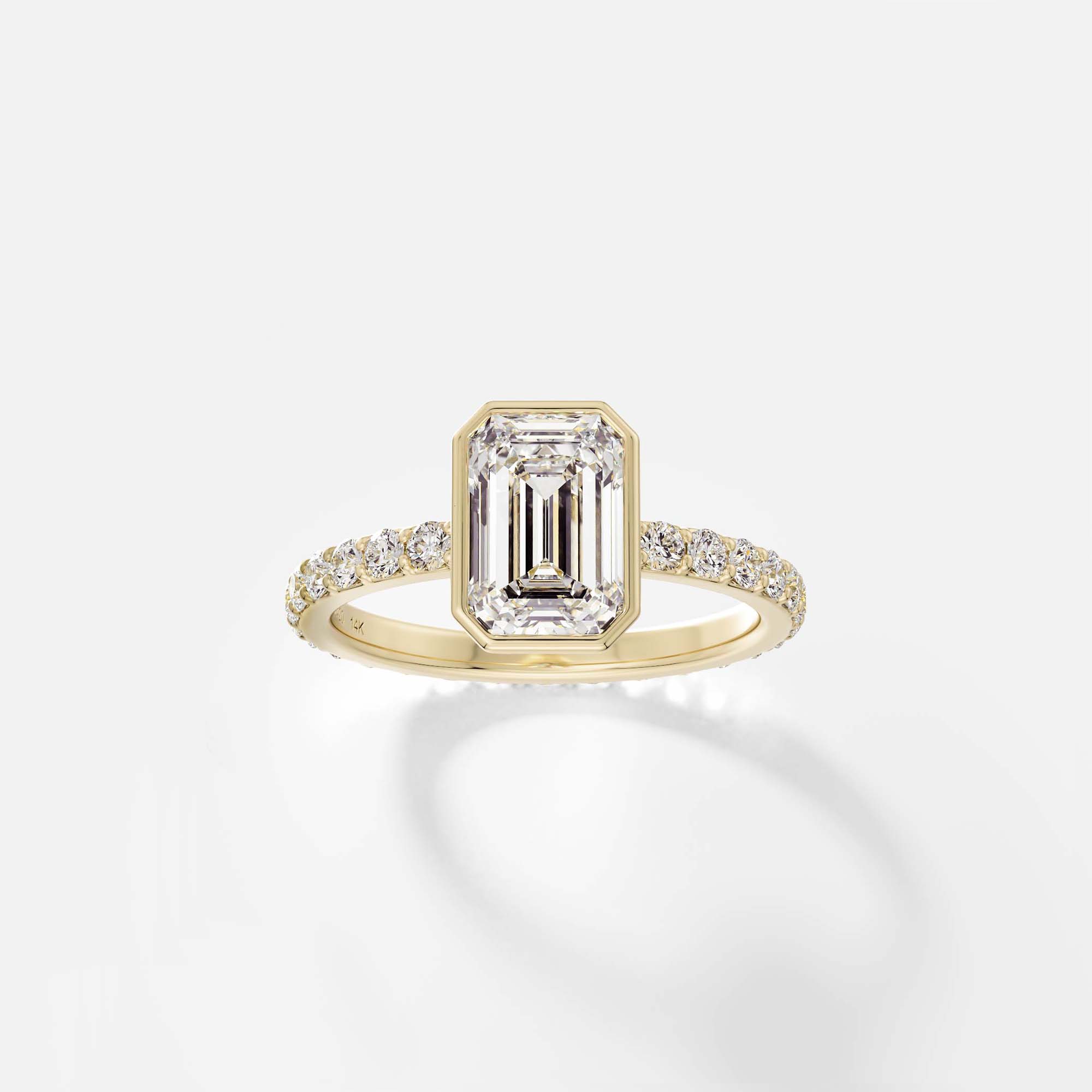 Infinity Band Bezel Engagement Ring with Emerald Lab grown Natural Diamond 14k 18k yellow white rose gold or platinum SHW Fine Jewelry NYC