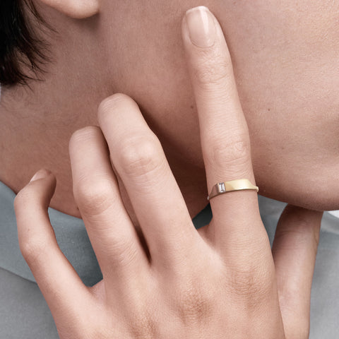 Contemporary Statement Ring with Baguette Mined Diamond in solid 14k yellow, white or rose gold by SHW cool fine jewelry store in NYC nearby