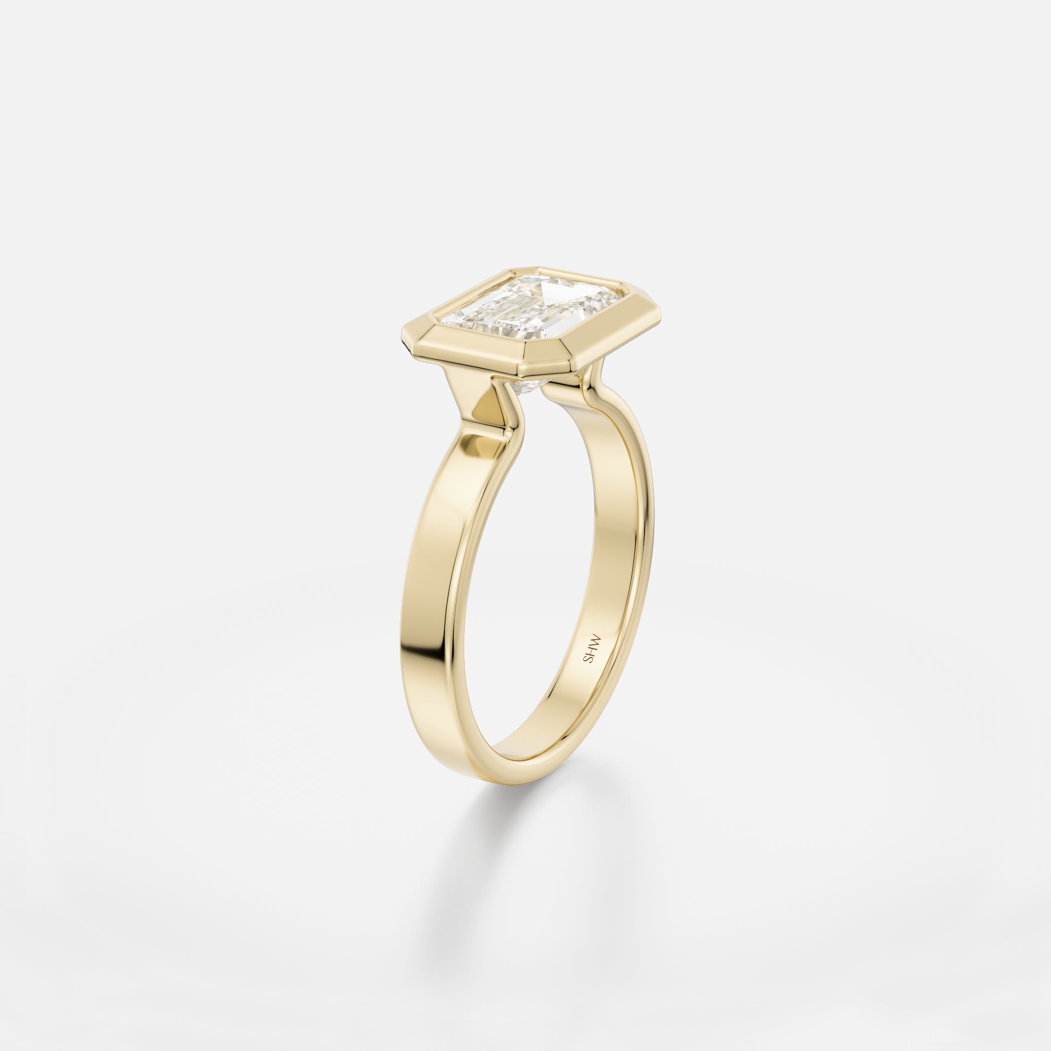Vilke Flat Band with East West Emerald Minimalist Engagement Ring Sculptural Bezel Setting handcrafted by SHW Fine Jewelry New York City