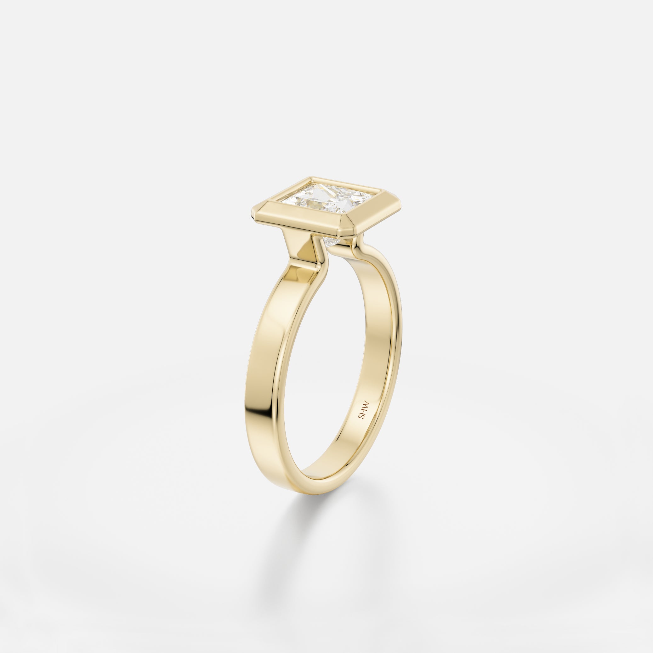 Vilke Flat Band with Princess Minimalist Engagement Ring Sculptural Bezel Setting handcrafted by SHW Fine Jewelry New York City