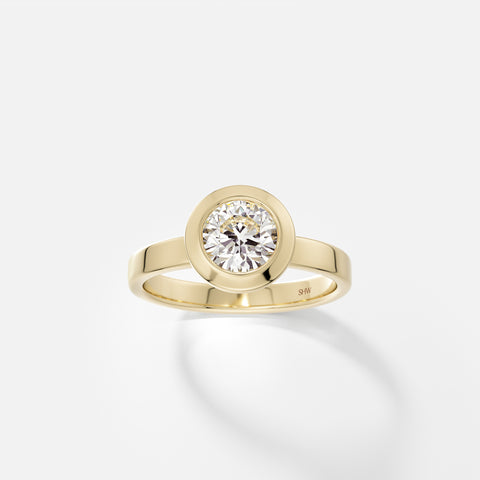 Sculptural round diamond bezel engagement ring with modern flat band 14k 18k gold platinum SHW Fine Jewelry NYC