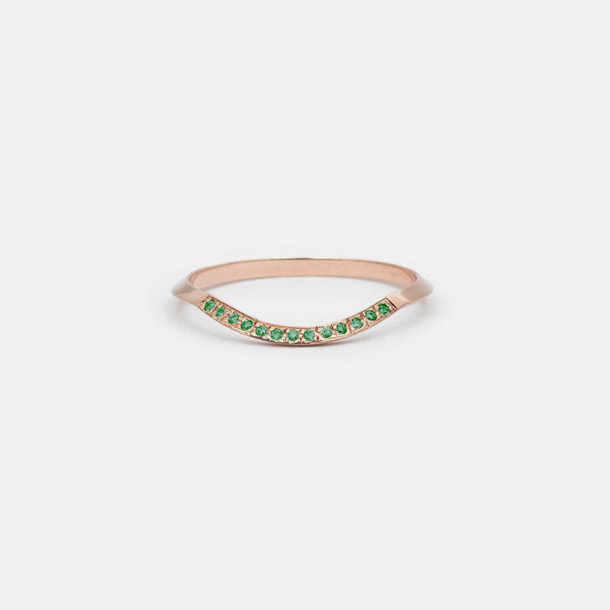 14k rose gold thin knife edge wedding band with emerald pavé