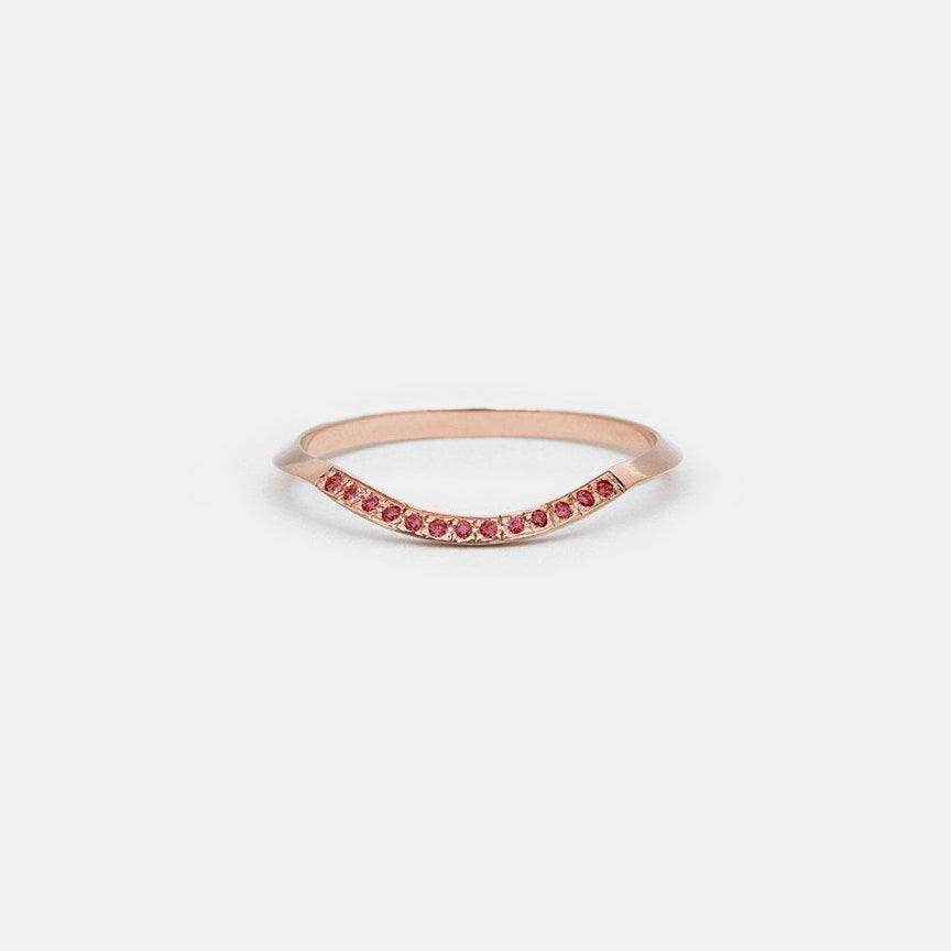 14k rose gold thin knife edge wedding band with rubies