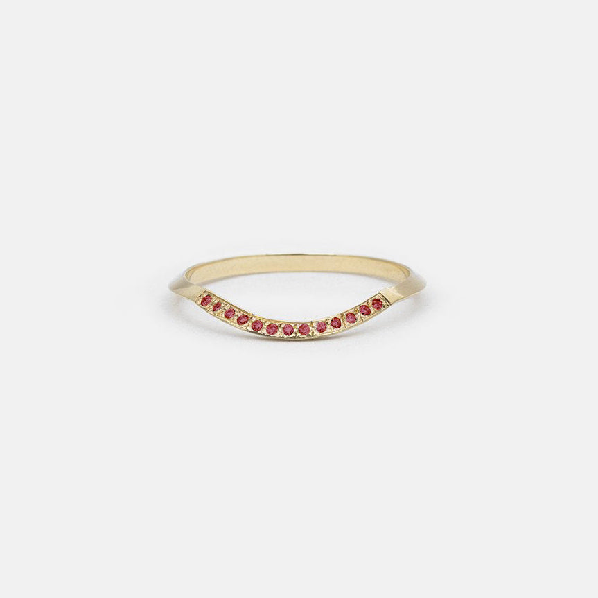 14k yellow gold knife edge wedding band with pavé rubies
