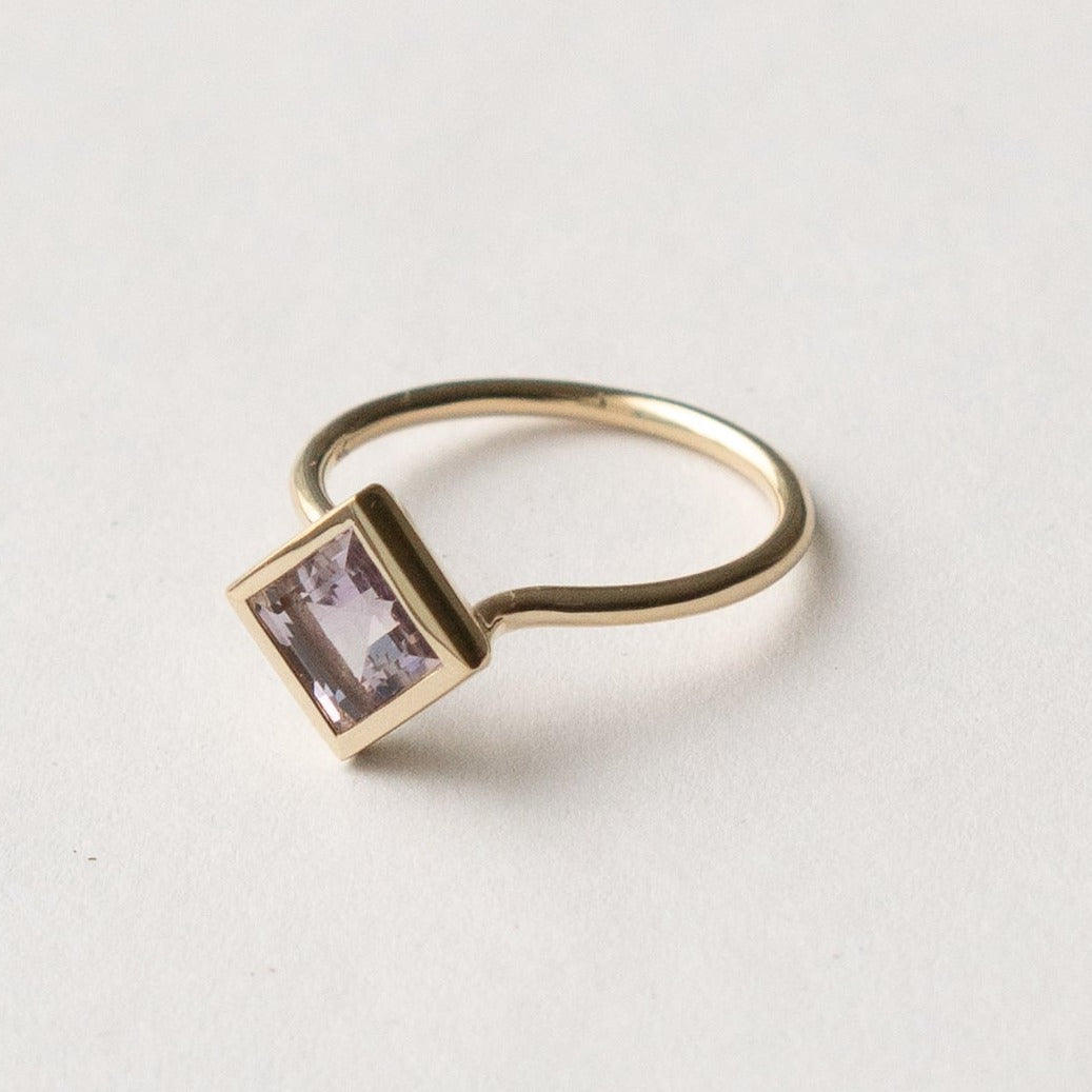 Delicate Tisa Ring with square ethical amethyst in 14k yellow gold by SHW Fine Jewelry made in New York City