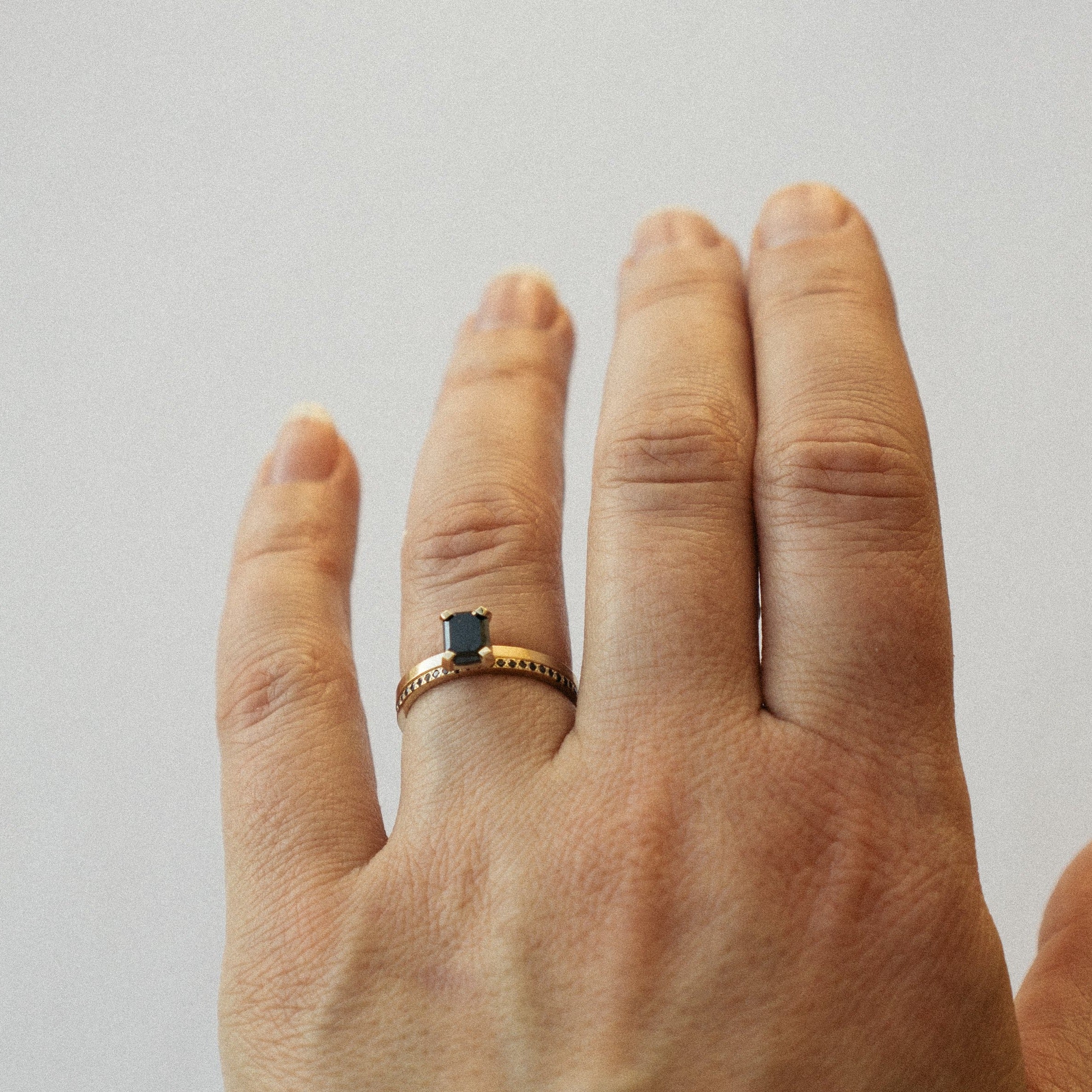 Inga Handmade Ring in 14k Gold set with 0.78ct emerald cut black diamond by SHW Fine Jewelry NYC