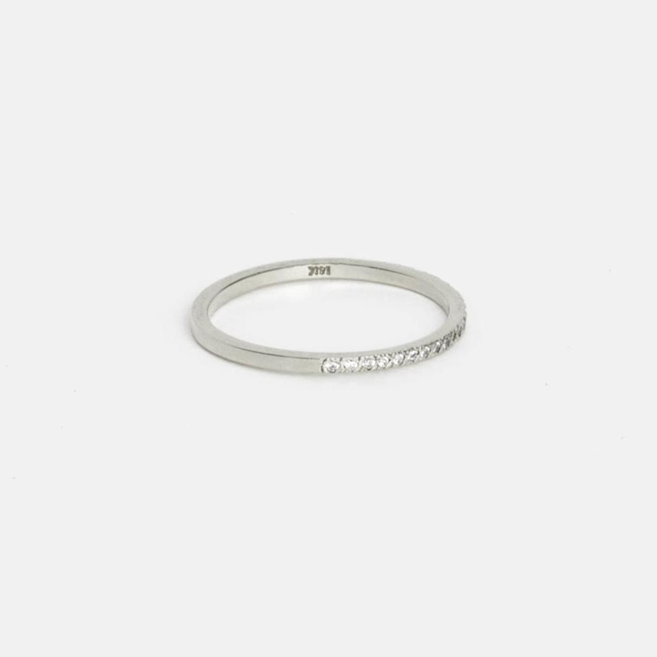 14k white gold thin half eternity wedding band with pavé diamonds