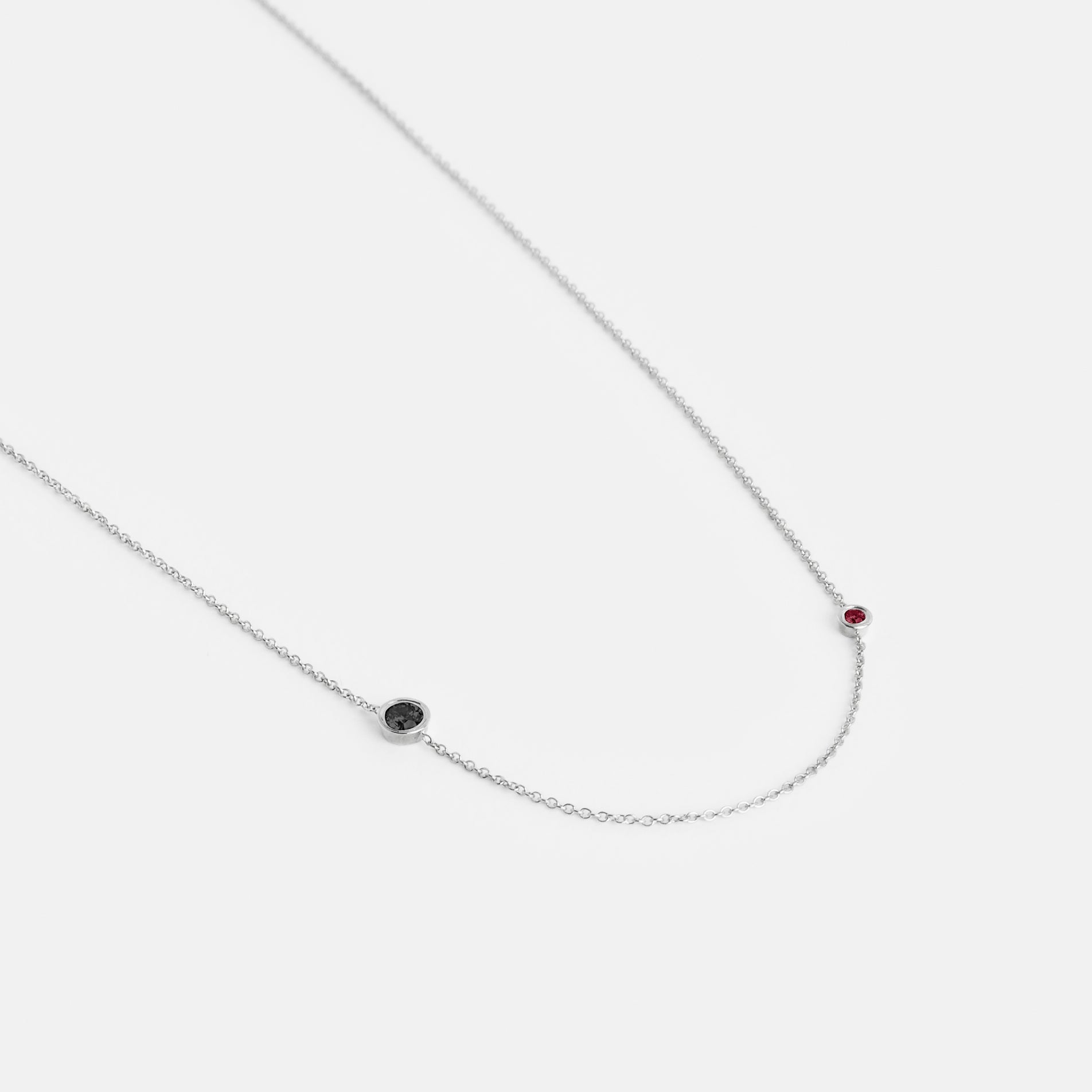 Iba Minimalist Necklace in 14k White Gold set with Black Diamond and Ruby By SHW Fine Jewelry NYC