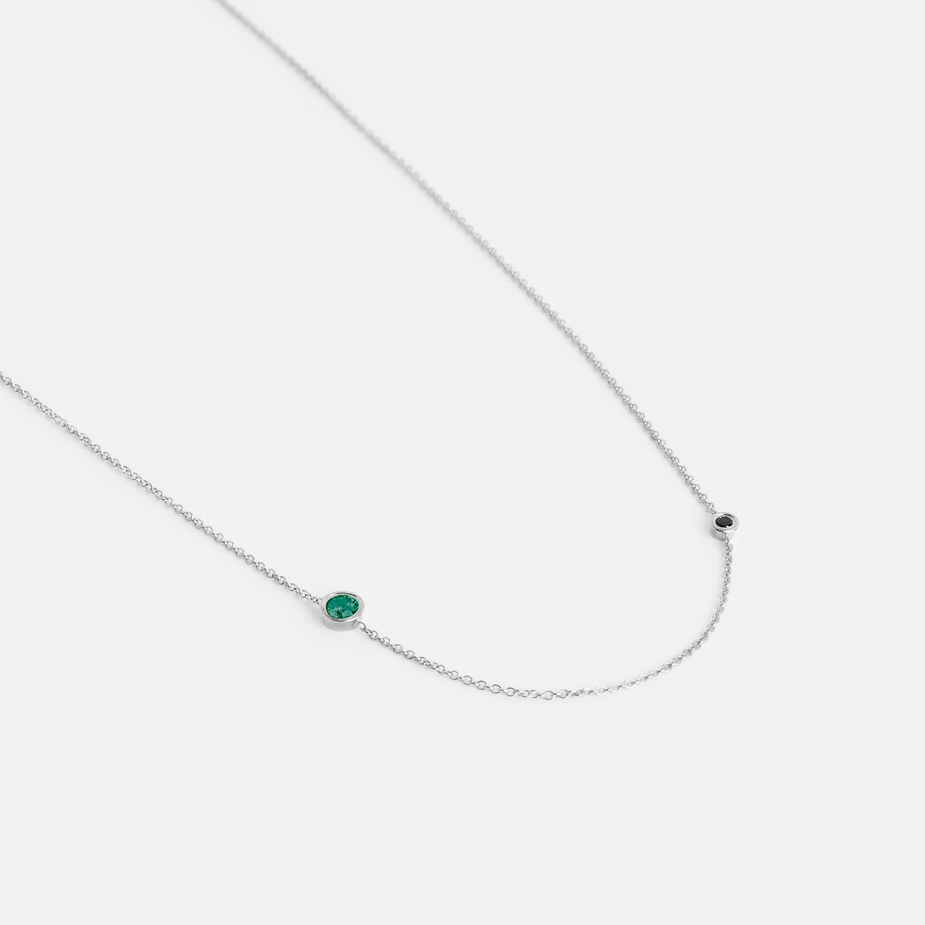 Iba Minimalist Necklace in 14k White Gold set with Black Diamond and Emerald By SHW Fine Jewelry NYC