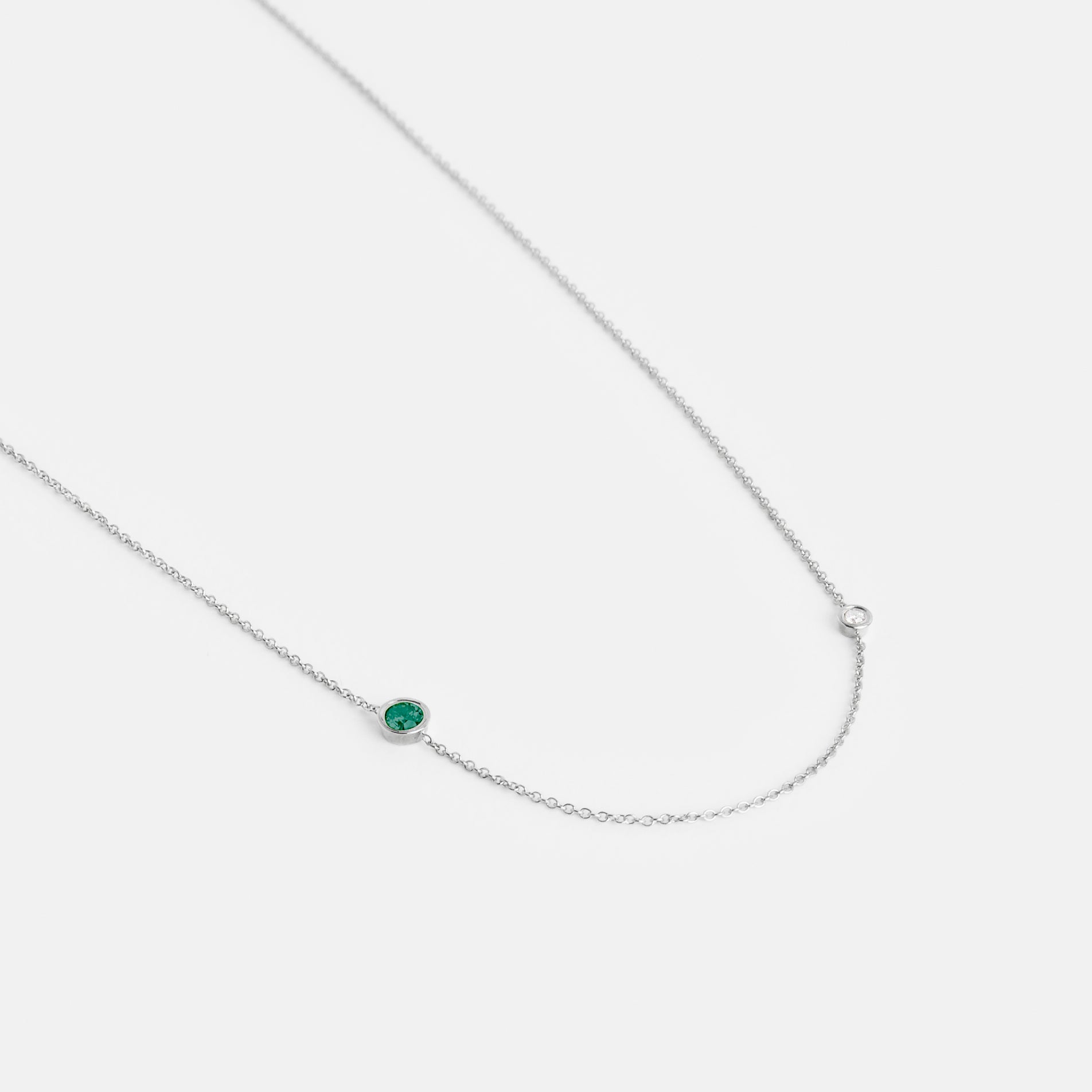 Iba Minimalist Necklace in 14k White Gold set with White Diamond and Emerald By SHW Fine Jewelry NYC